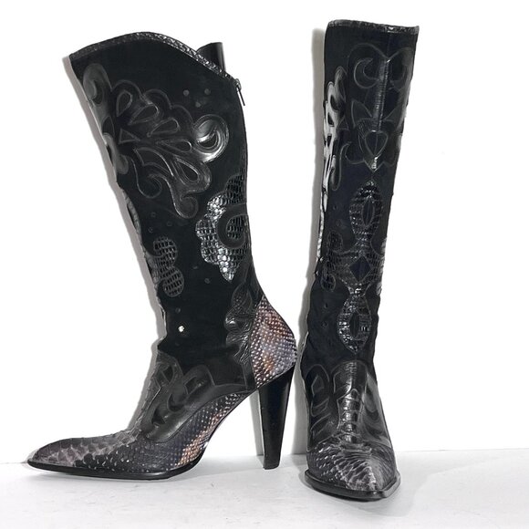 Steve Madden Rare Blk/Grey Cowboy Western High Heel Pointed Toe Leather Boot 8 - Picture 1 of 15